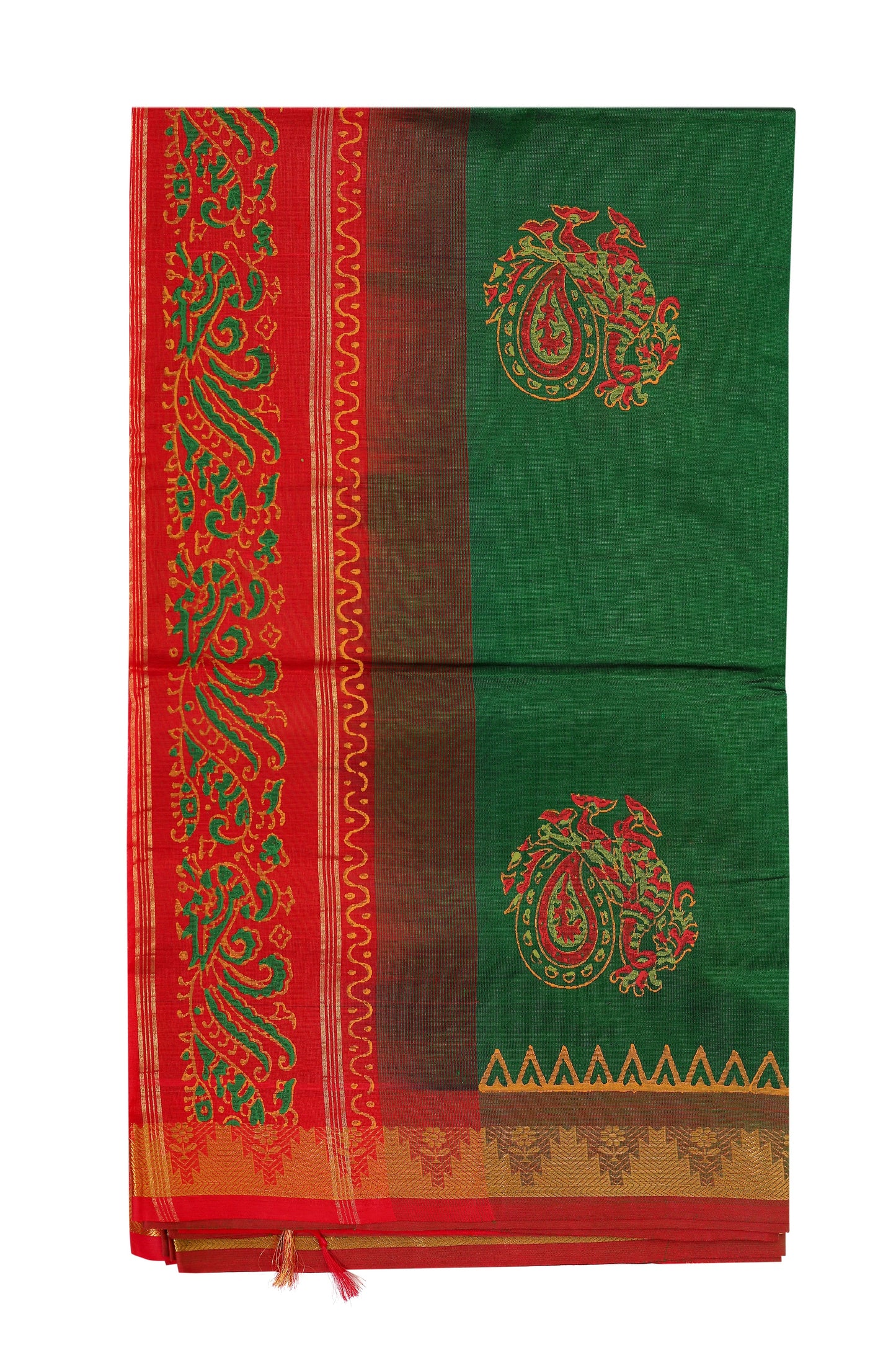 Kalpakriya Kanchipuram Silk Cotton - Dark Green peacock motif Saree with Red border 10-2023-NRS00018