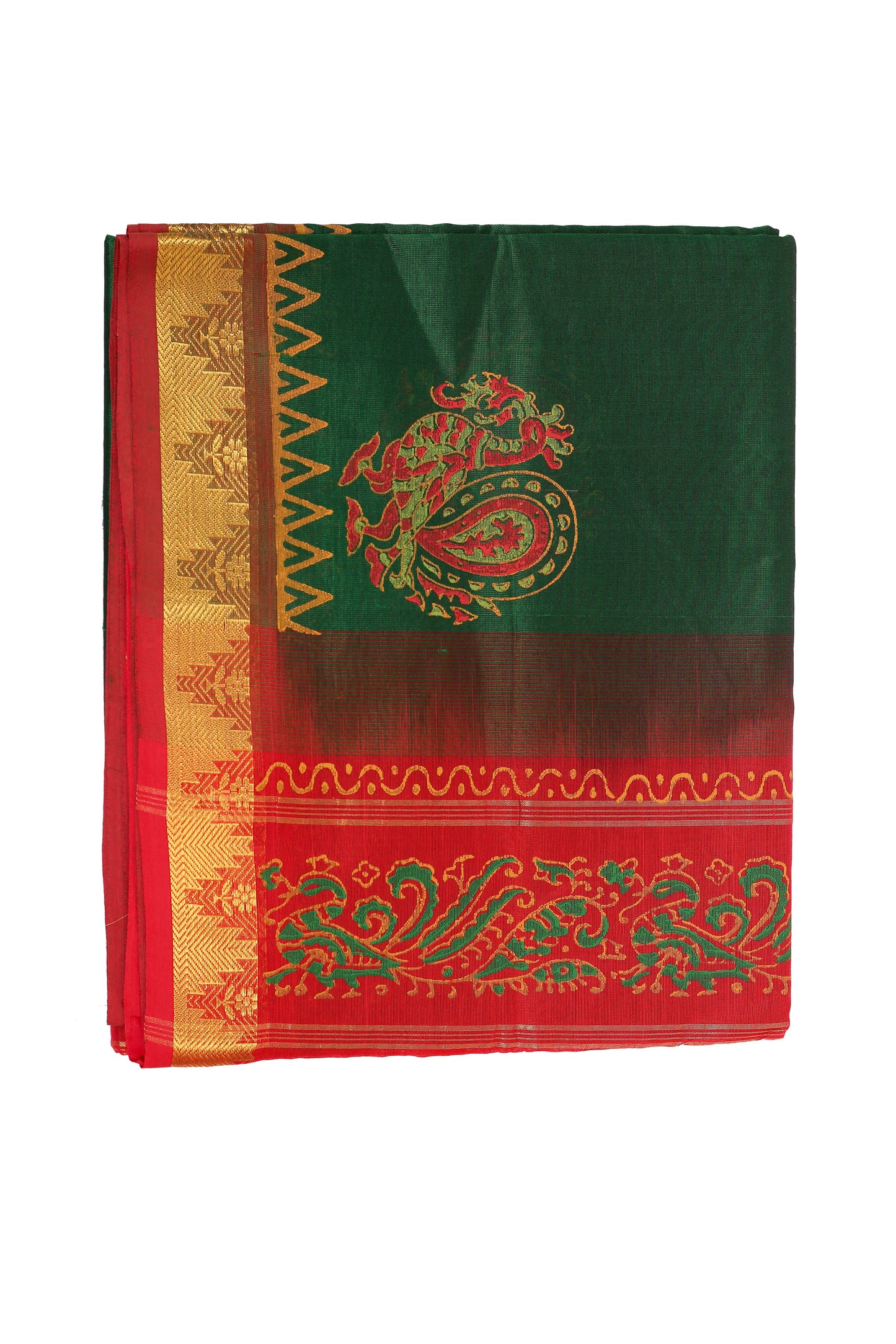 Kalpakriya Kanchipuram Silk Cotton - Dark Green peacock motif Saree with Red border 10-2023-NRS00018