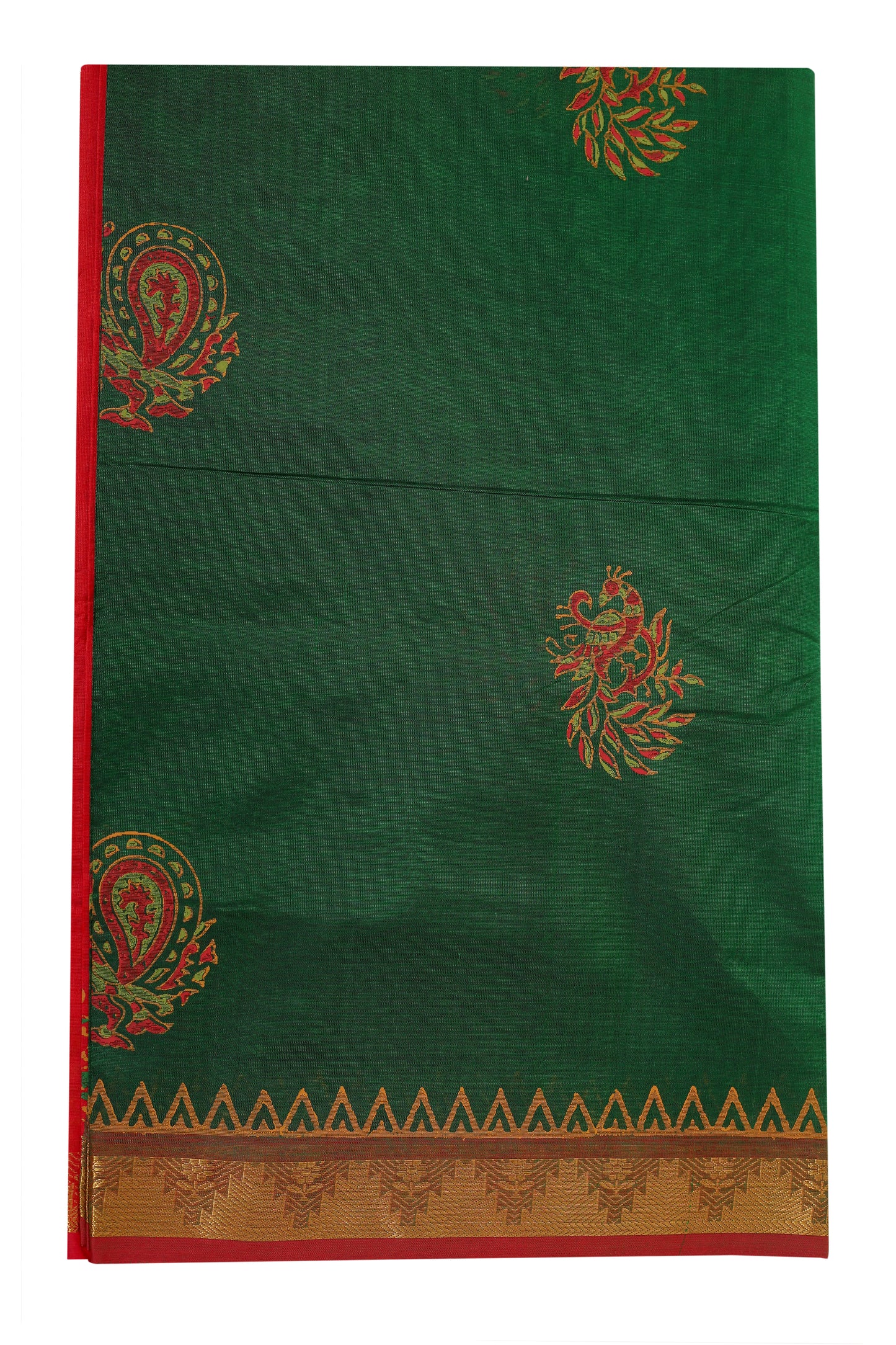 Kalpakriya Kanchipuram Silk Cotton - Dark Green peacock motif Saree with Red border 10-2023-NRS00018