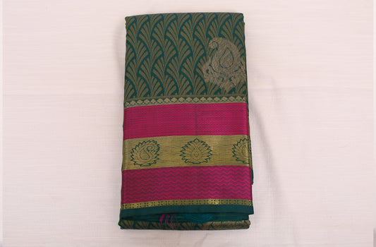 Kalpakriya Kanchipuram Silk - Peacock Green with Pink Jari Saree 09-2023-NRS00009