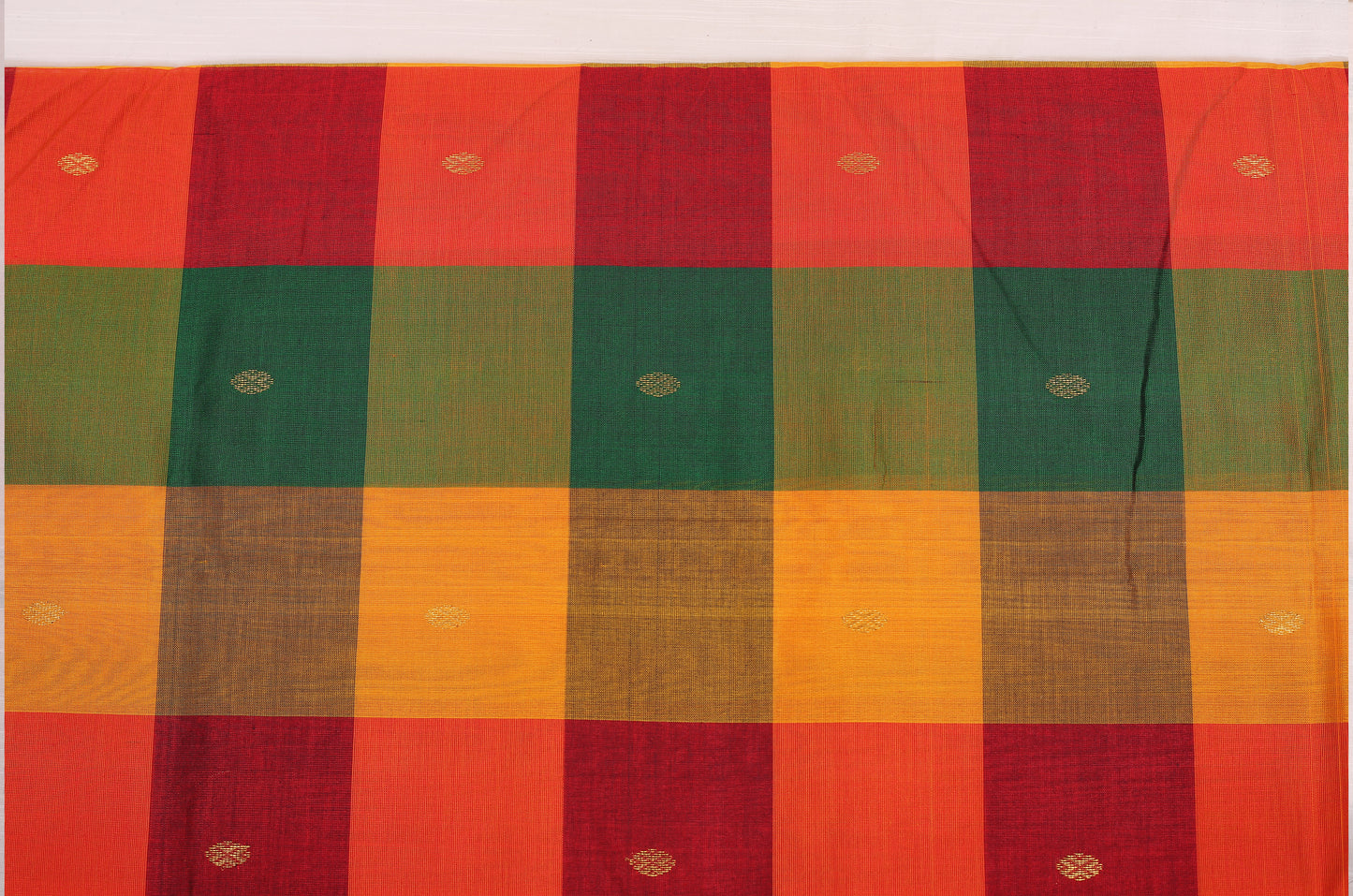 Kalpakriya Kanchipuram Silk Cotton - Green, Mustard Yellow Checks with Red Jari Saree 09-2023-NRS00003