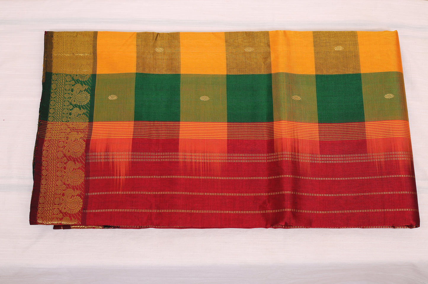 Kalpakriya Kanchipuram Silk Cotton - Green, Mustard Yellow Checks with Red Jari Saree 09-2023-NRS00003