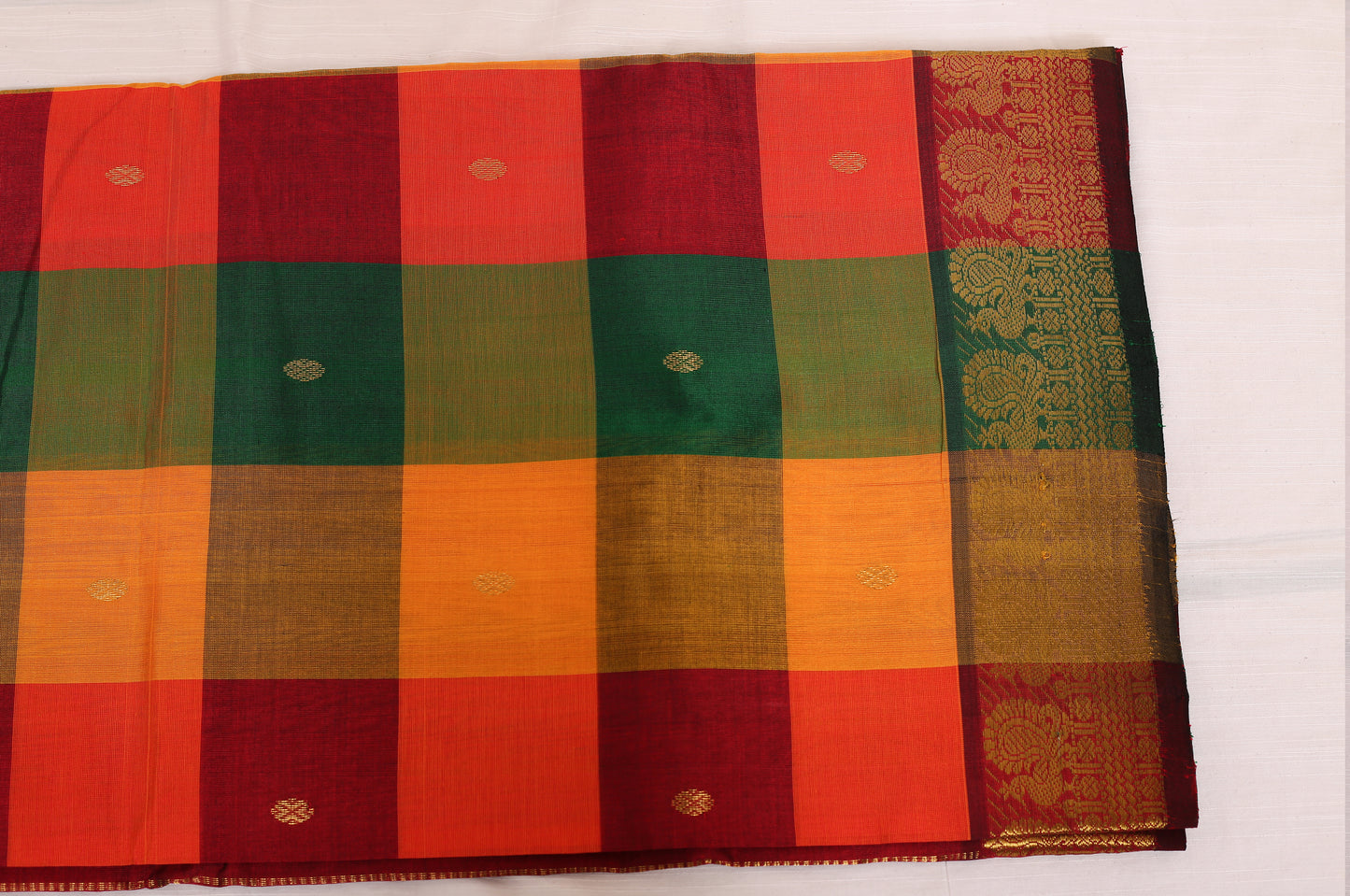 Kalpakriya Kanchipuram Silk Cotton - Green, Mustard Yellow Checks with Red Jari Saree 09-2023-NRS00003