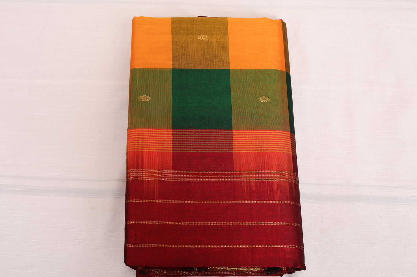 Kalpakriya Kanchipuram Silk Cotton - Green, Mustard Yellow Checks with Red Jari Saree 09-2023-NRS00003