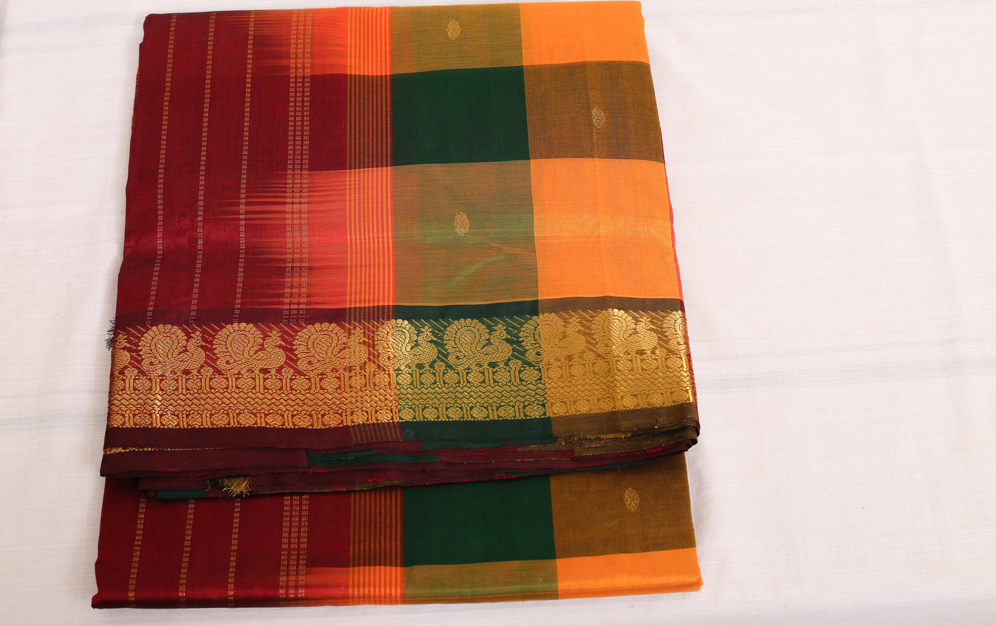 Kalpakriya Kanchipuram Silk Cotton - Green, Mustard Yellow Checks with Red Jari Saree 09-2023-NRS00003